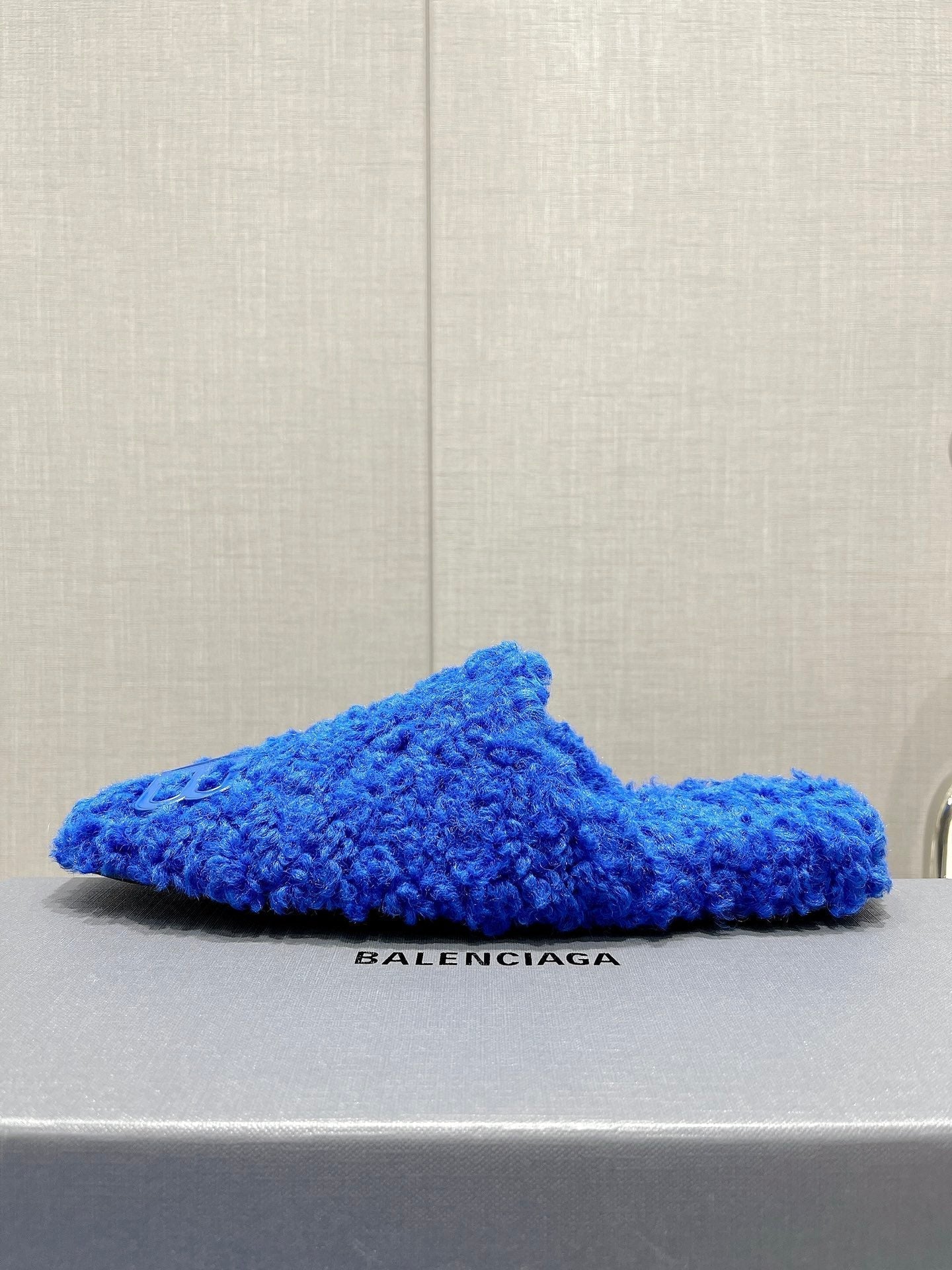 BALENCIAGA 25S MULES IN BLUE WOOL WITH LOGO