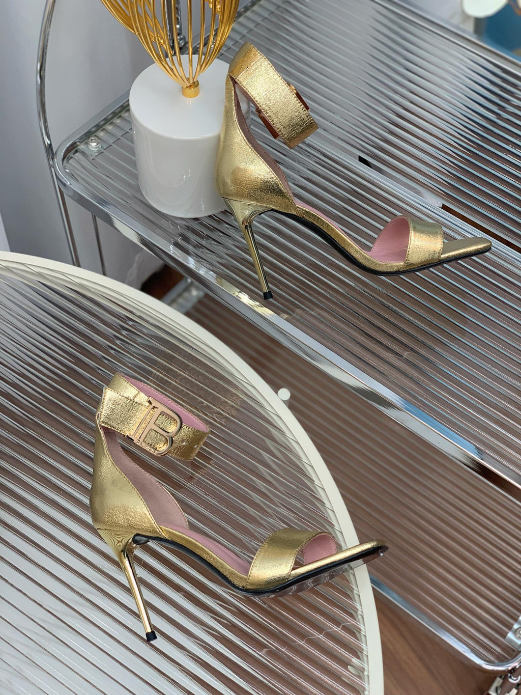 BALMAIN 25S B STRAP HIGH HEEL SANDALS 95MM IN GOLD CALFSKIN
