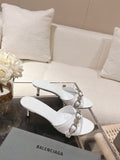 BALENCIAGA 25S HIGH-HEEL SANDALS IN WHITE COW LEATHER WITH RHINESTONE STRAP