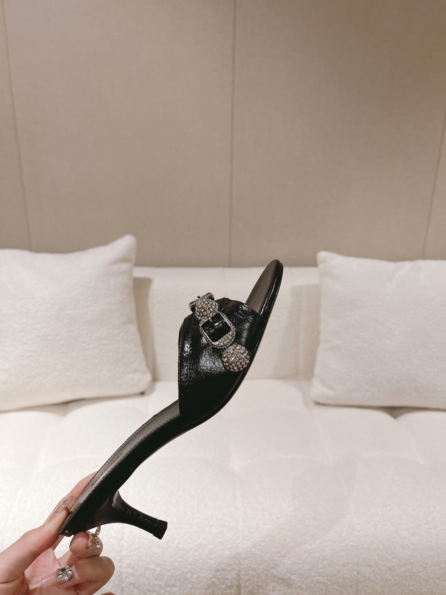 BALENCIAGA 25S HIGH-HEEL SANDALS IN BLACK COW LEATHER WITH RHINESTONE STRAP