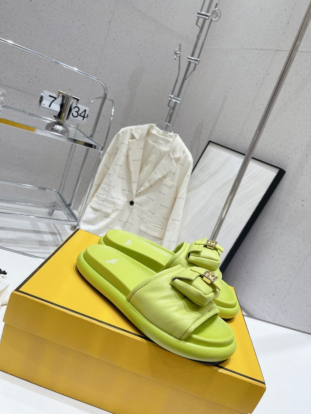 FENDI BAGUETTE SLIPPERS IN PEAR GREEN LAMBSKIN WITH GOLD HARDWARE