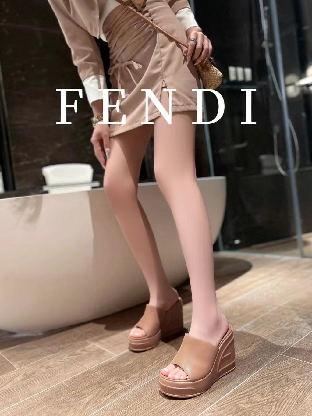 FENDI BAGUETTE WEDGE PLATFORM 85MM IN ASH BROWN CALFSKIN