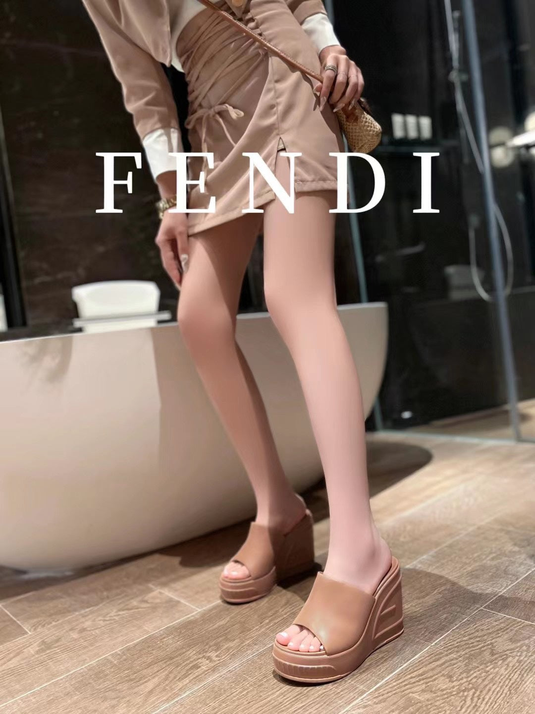 FENDI BAGUETTE WEDGE PLATFORM 85MM IN ASH BROWN CALFSKIN