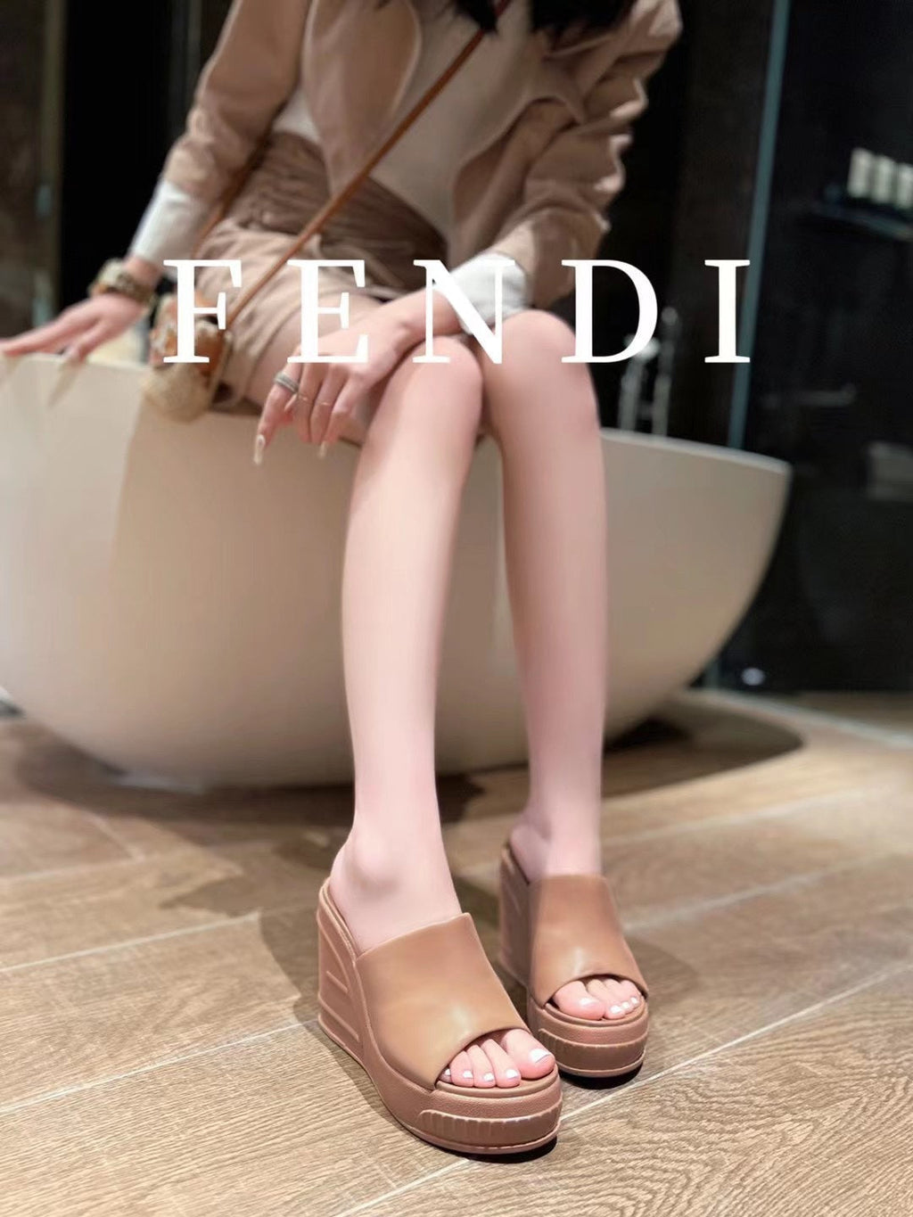 FENDI BAGUETTE WEDGE PLATFORM 85MM IN ASH BROWN CALFSKIN