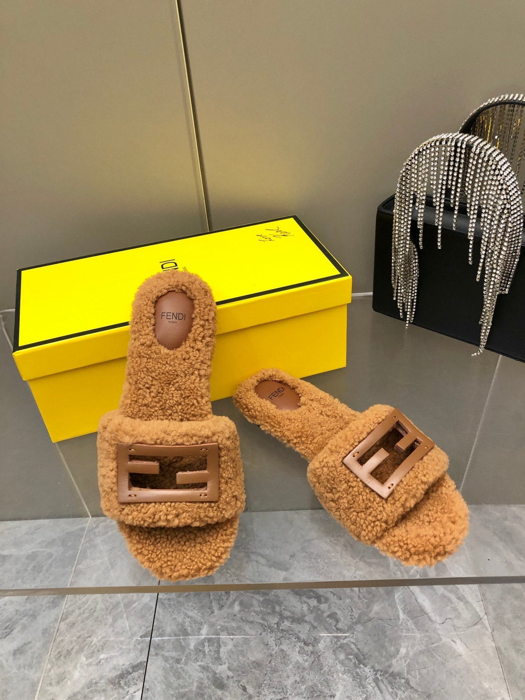 FENDI BAGUETTE SLIDE SLIPPERS IN CINNAMON BROWN WOOL