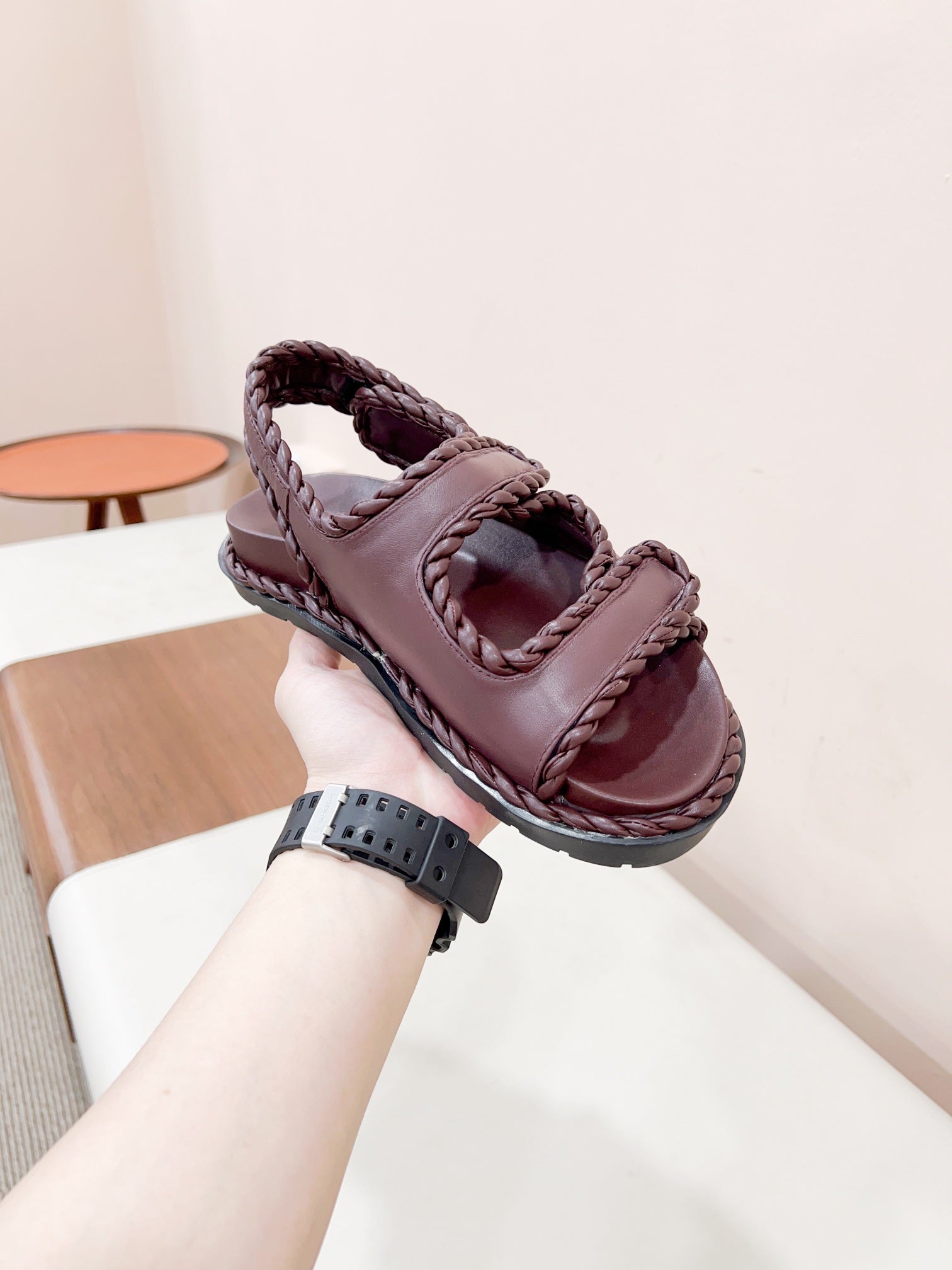 BOTTEGA VENETA REFINED DAD SANDAL IN WINE RED LAMBSKIN