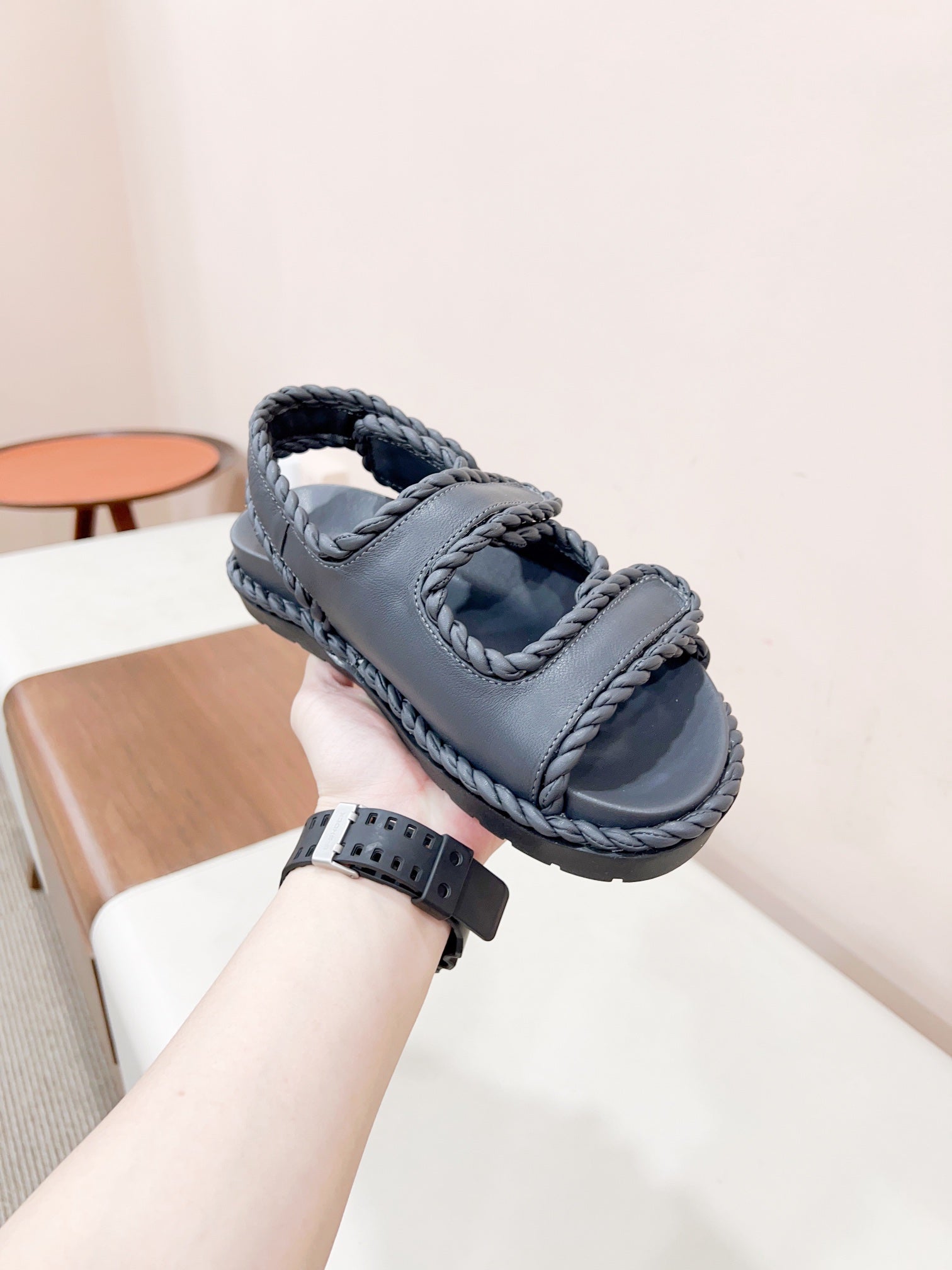 BOTTEGA VENETA REFINED DAD SANDAL IN BLACK LAMBSKIN