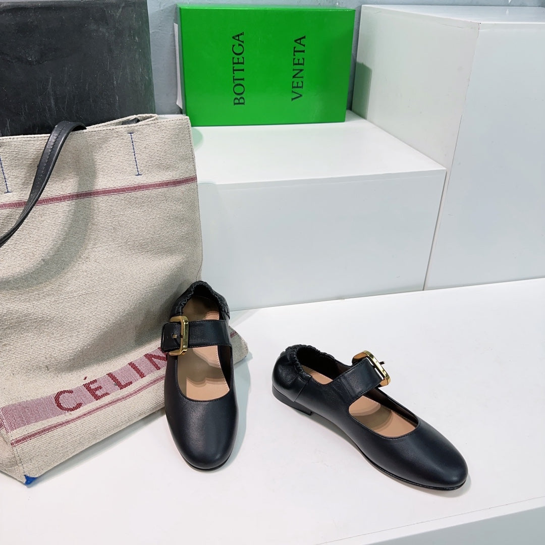 BOTTEGA VENETA ASTAIRE MARY-JANE BALLERINA IN BLACK CALFSKIN