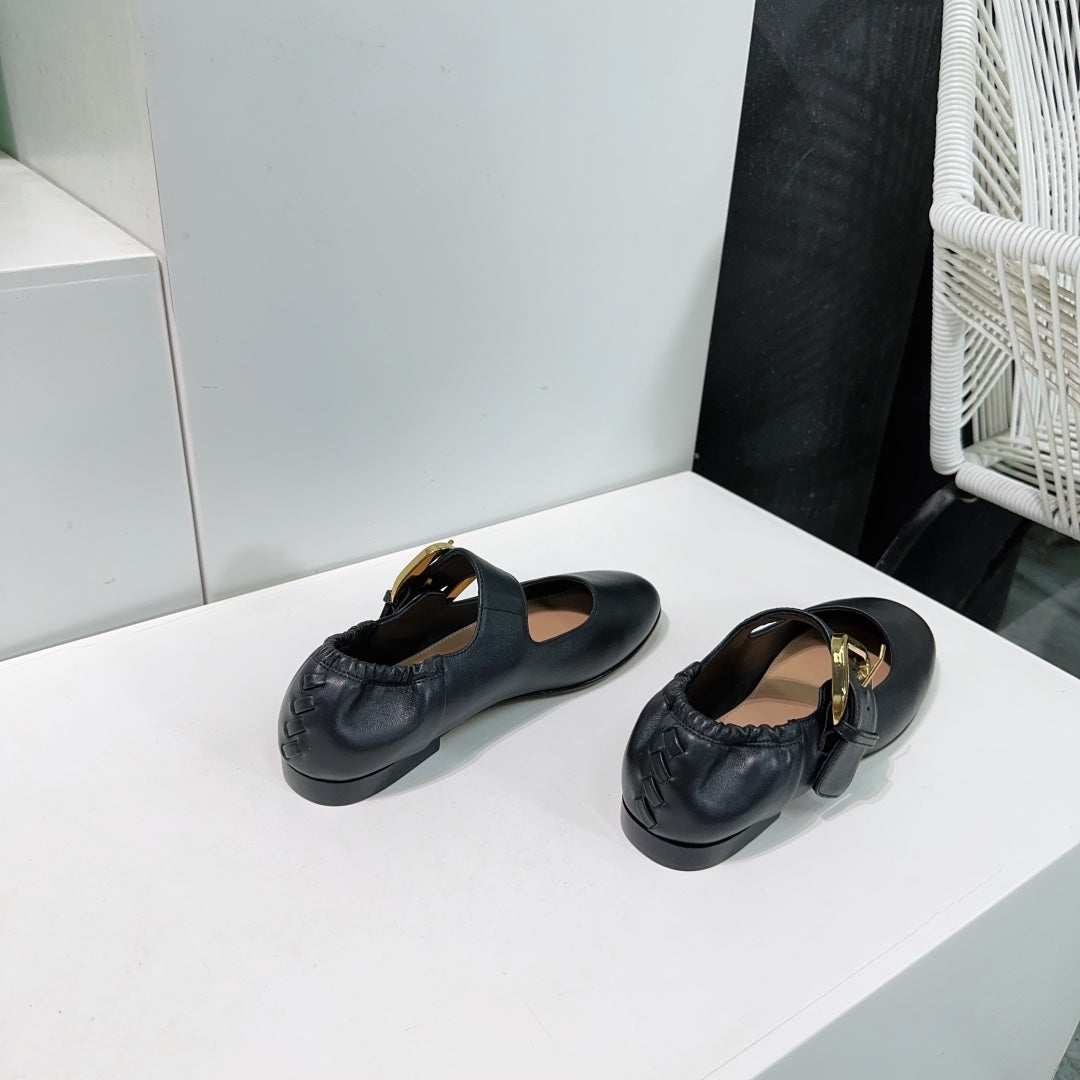BOTTEGA VENETA ASTAIRE MARY-JANE BALLERINA IN BLACK CALFSKIN
