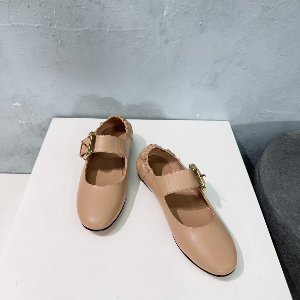 BOTTEGA VENETA ASTAIRE MARY-JANE BALLERINA IN CAMEL BEIGE CALFSKIN