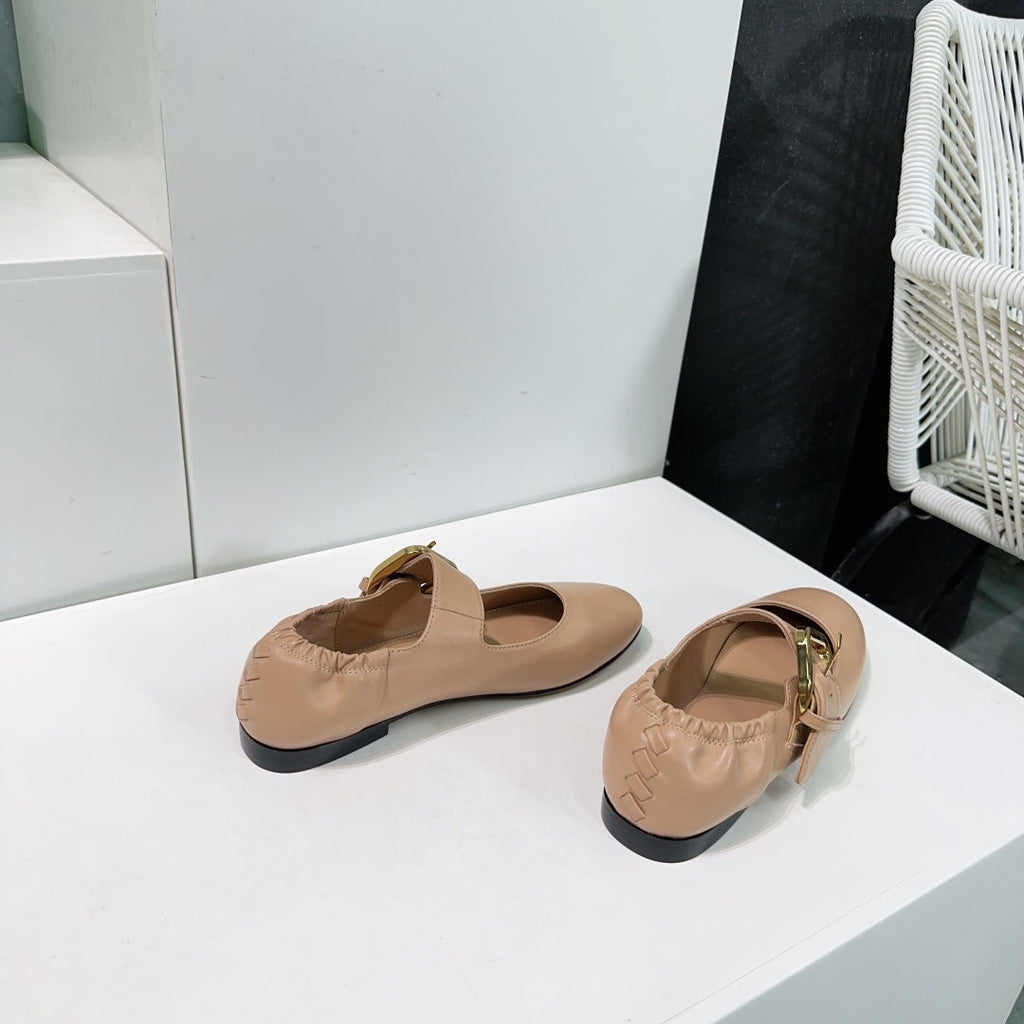 BOTTEGA VENETA ASTAIRE MARY-JANE BALLERINA IN CAMEL BEIGE CALFSKIN