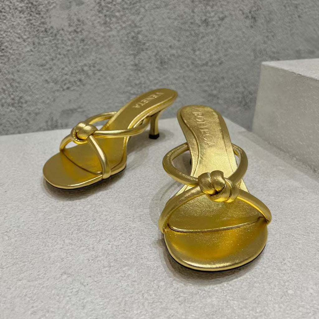 BOTTEGA VENETA HEELED SANDALS METALLIC GOLD LAMBSKIN