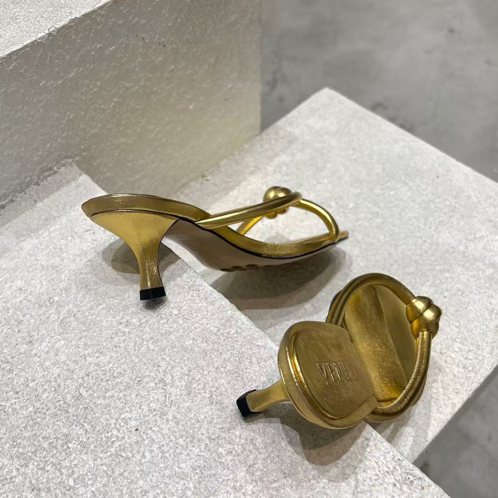 BOTTEGA VENETA HEELED SANDALS METALLIC GOLD LAMBSKIN