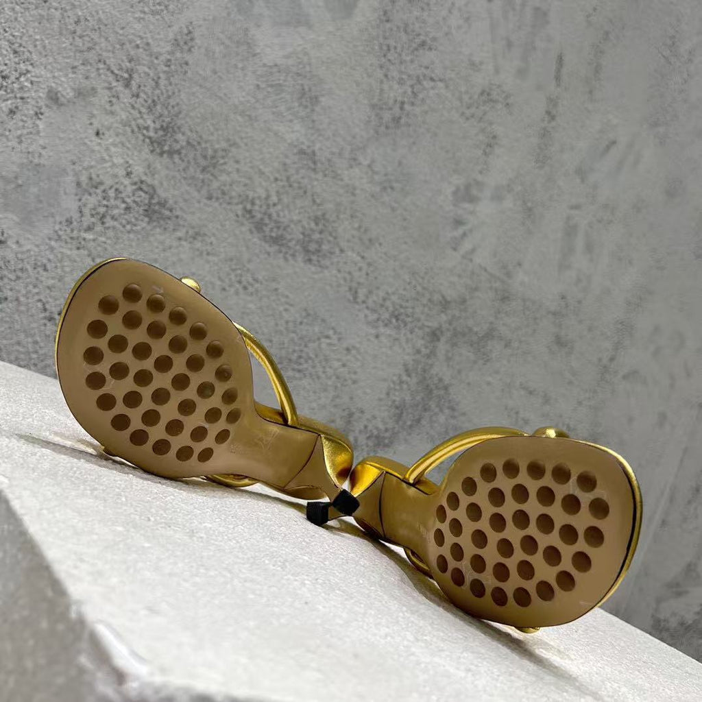 BOTTEGA VENETA HEELED SANDALS METALLIC GOLD LAMBSKIN