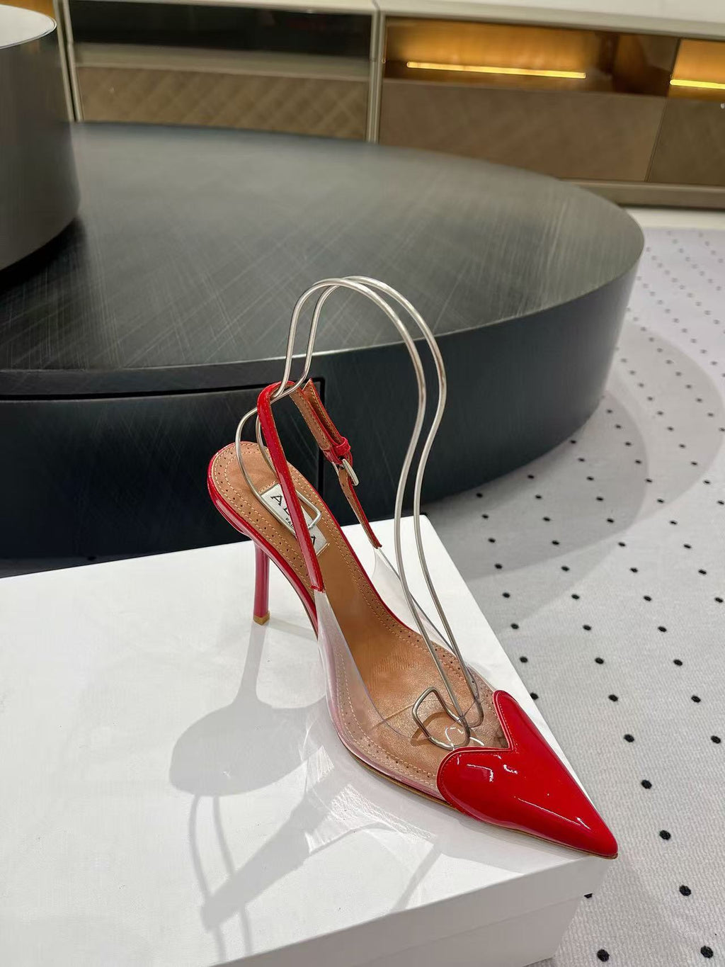 ALAIA HIGH 9 CM SLINGBACK IN CHERRY RED PATENT CALFSKIN AND FILM