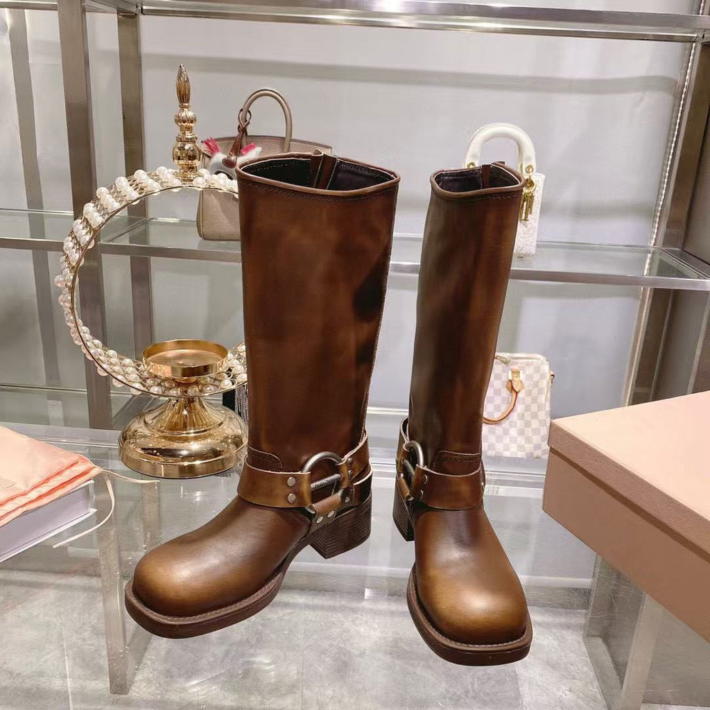 THICK-SOLED BUCKLE BOOTS IN BRORN CALFSKIN