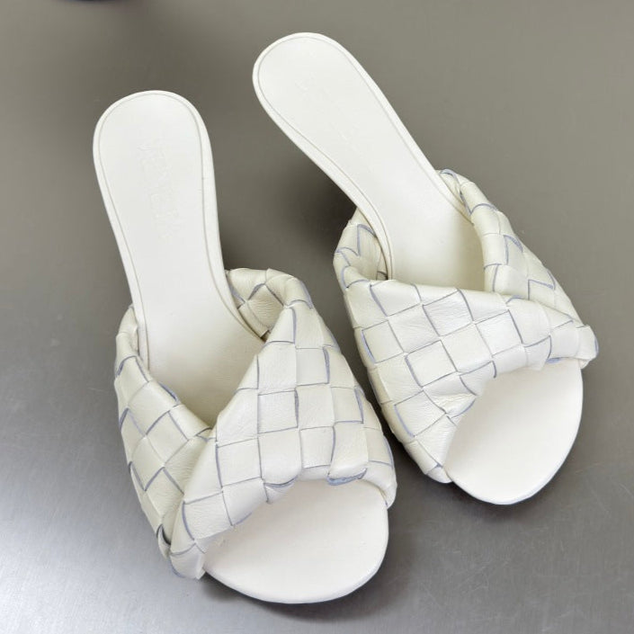 BOTTEGA VENETA BLINK HIGH 5 CM MULE IN WHITE INTRECCIATO LEATHER