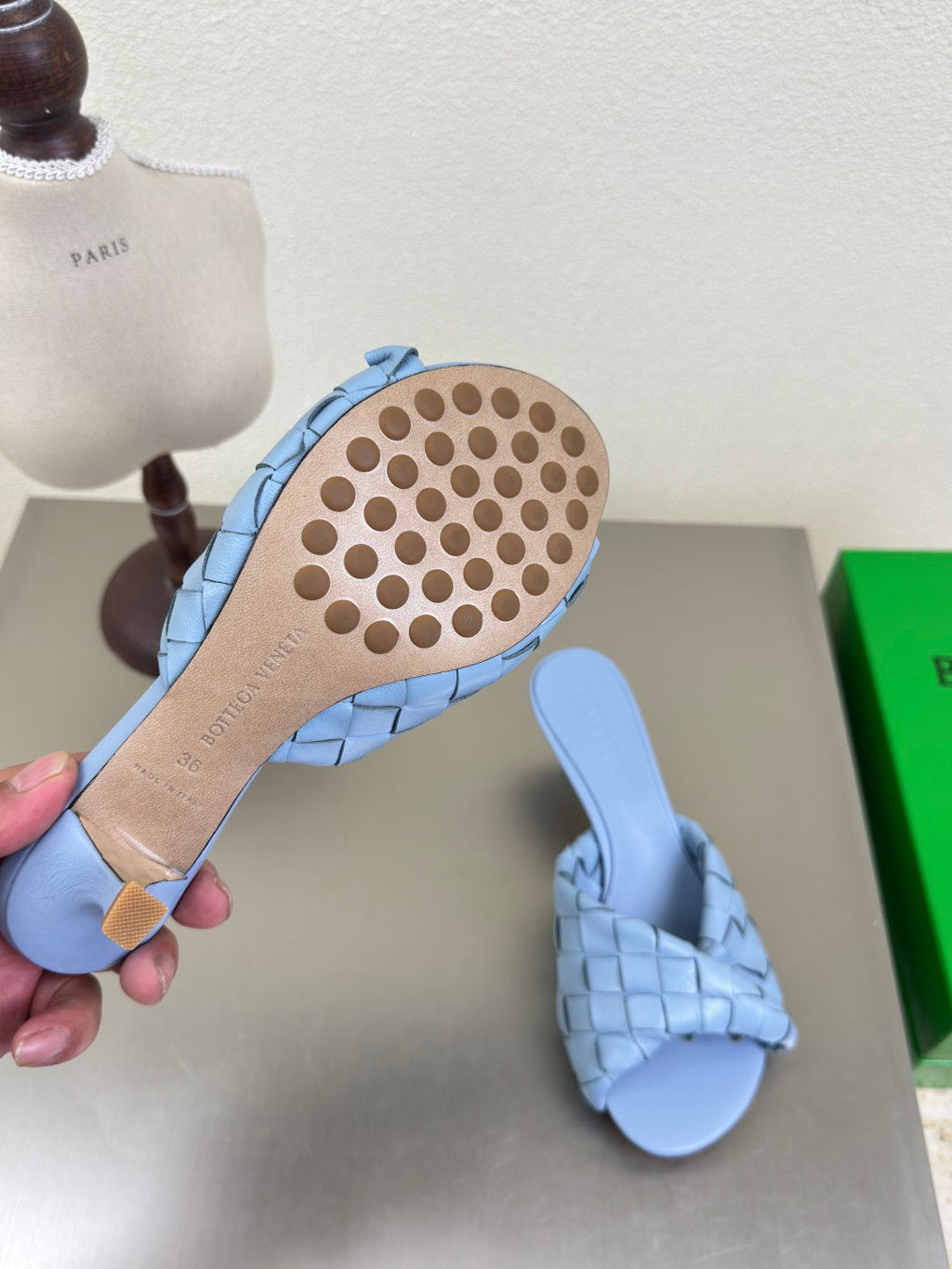 BOTTEGA VENETA BLINK HIGH 5 CM MULE IN CERULEAN BLUE INTRECCIATO LEATHER