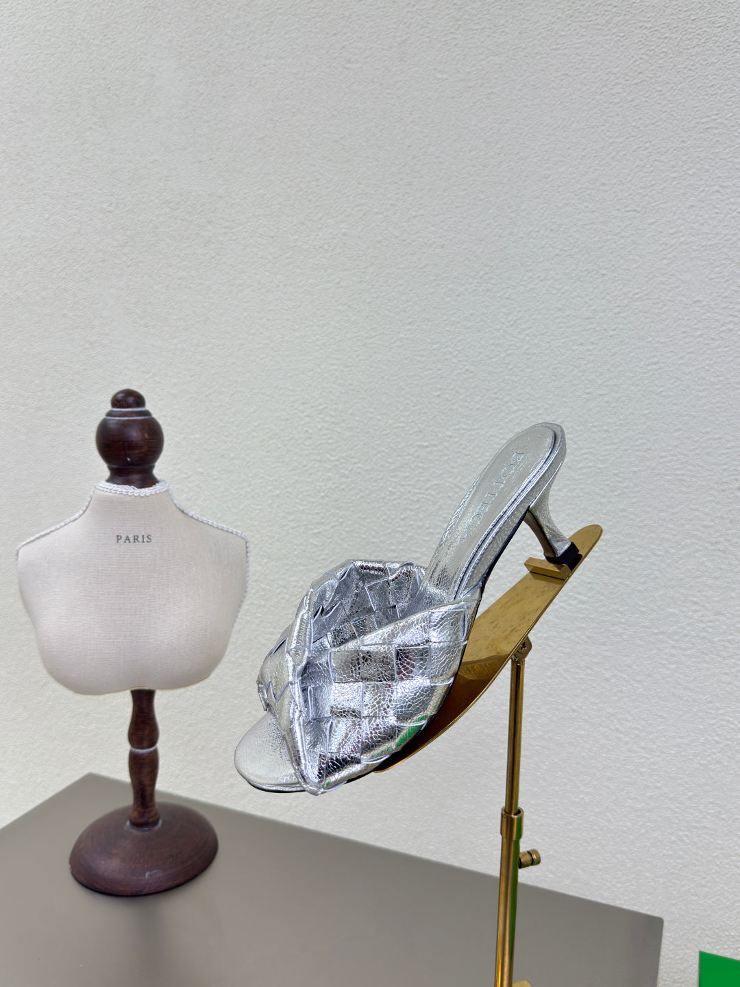 BOTTEGA VENETA BLINK HIGH 5 CM MULE IN SILVER INTRECCIATO LEATHER