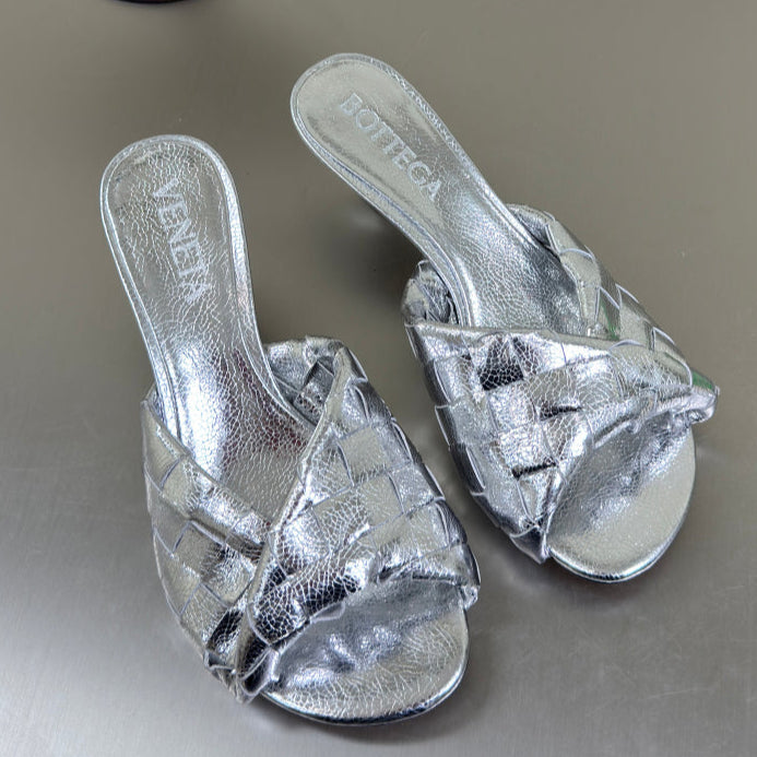 BOTTEGA VENETA BLINK HIGH 5 CM MULE IN SILVER INTRECCIATO LEATHER