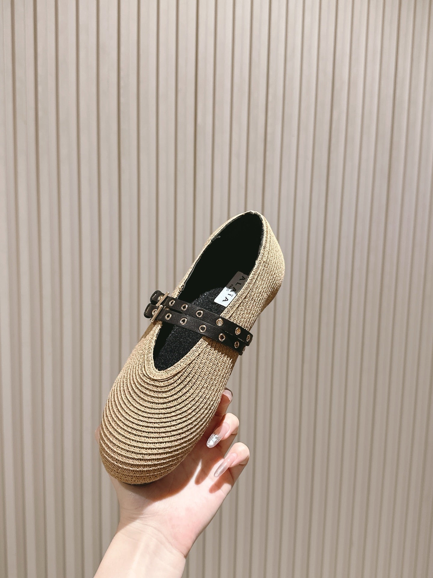 ALAIA MARY JANE 25S IN BEIGE RAFFIA AND BLACK LAMBSKIN WITH SILVER HARDWARE