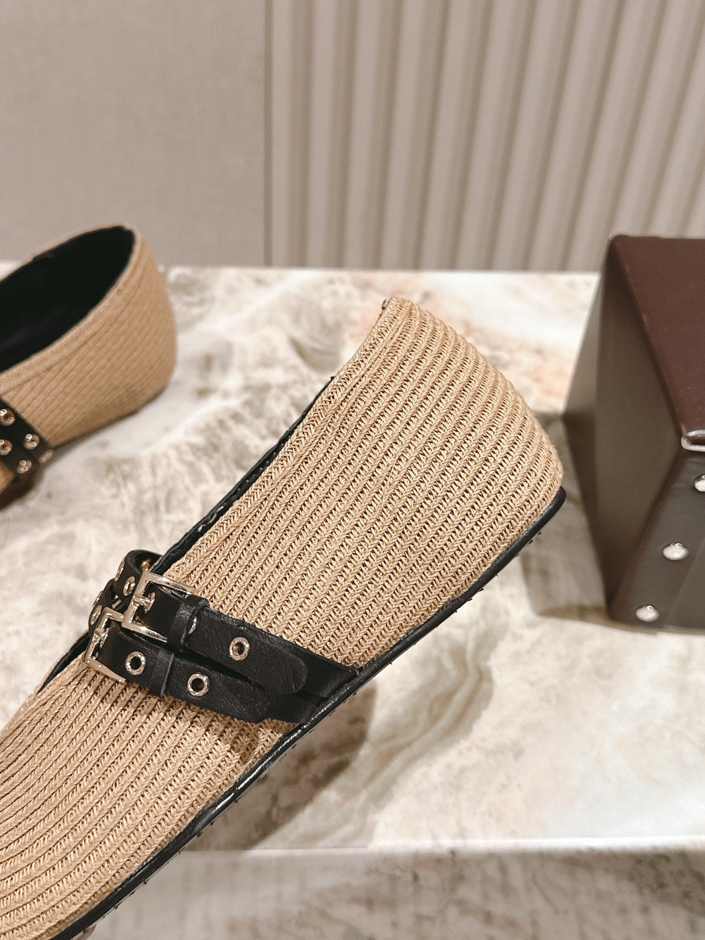 ALAIA MARY JANE 25S IN BEIGE RAFFIA AND BLACK LAMBSKIN WITH SILVER HARDWARE