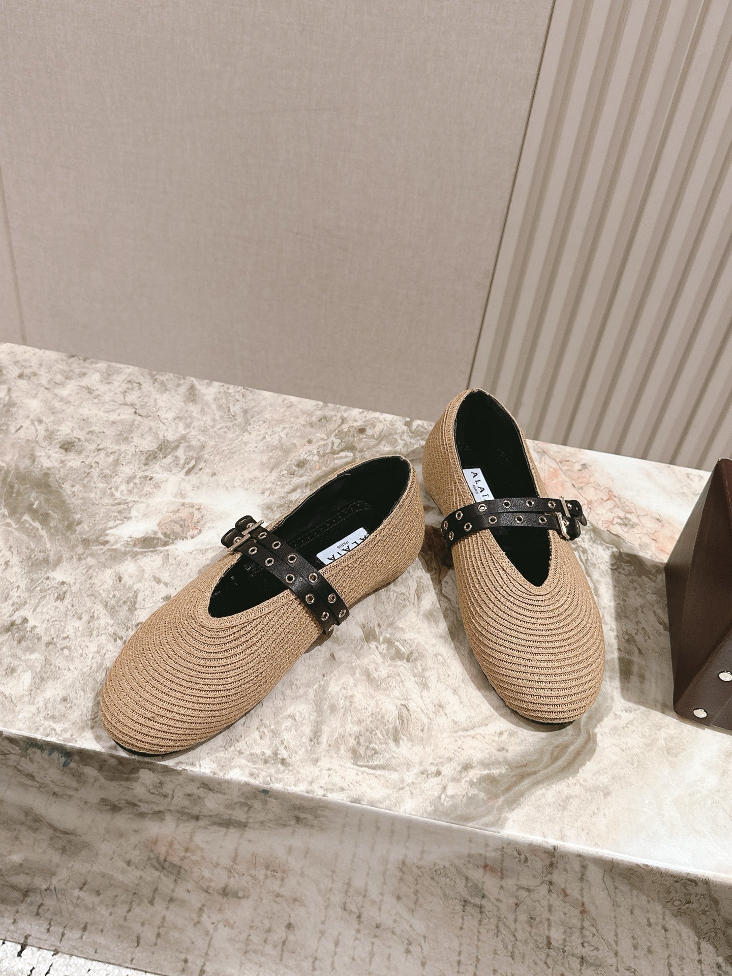 ALAIA MARY JANE 25S IN BEIGE RAFFIA AND BLACK LAMBSKIN WITH SILVER HARDWARE