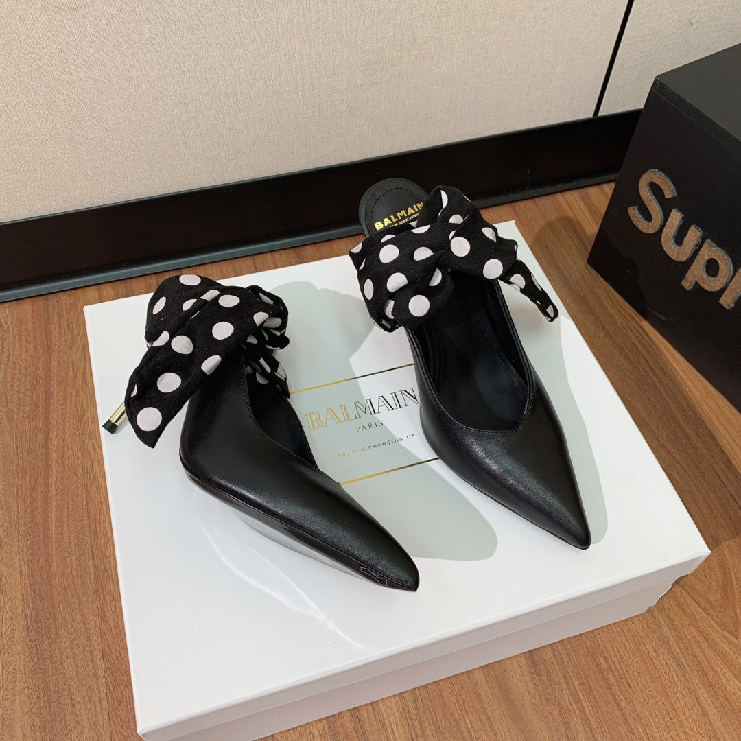 BALMAIN 25S BAKARI MULE WITH MONOCHROME POLKA DOT STRAP 95MM IN BLACK CALFSKIN