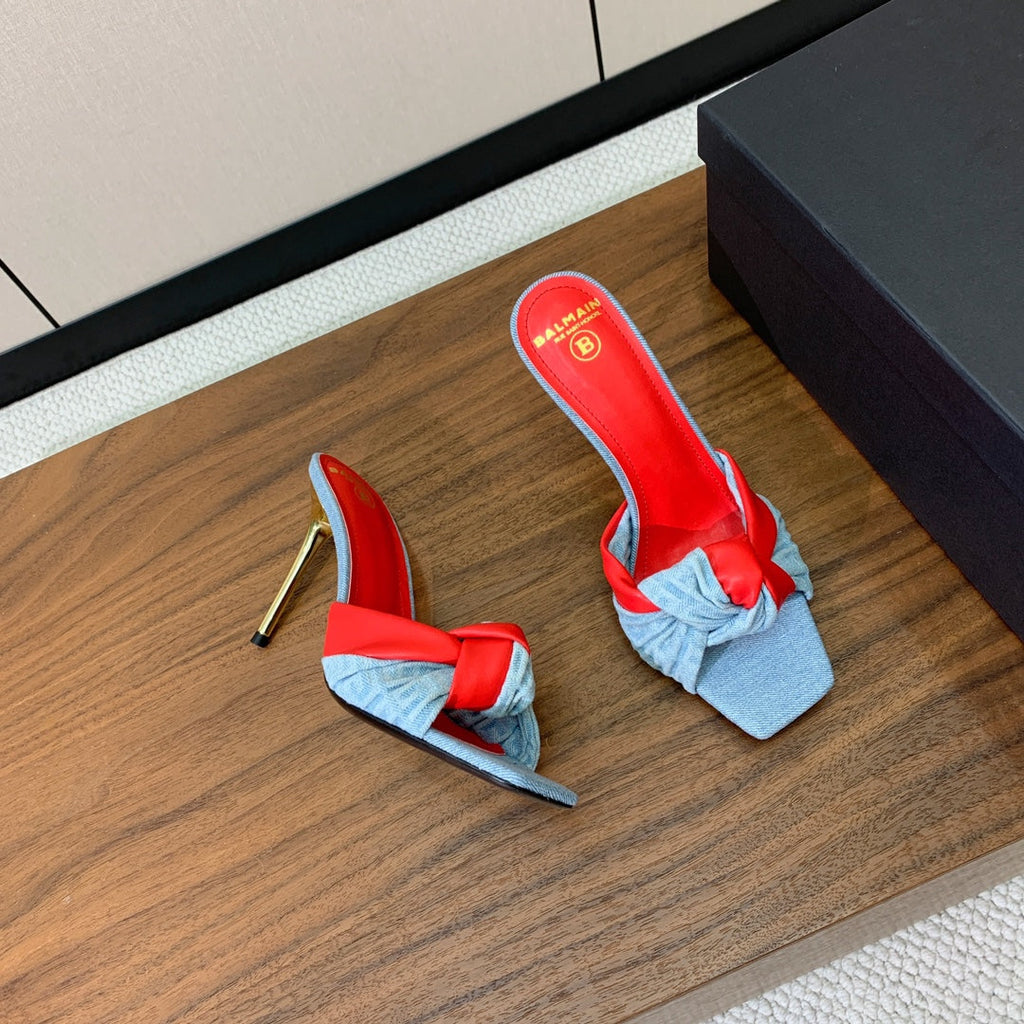BALMAIN 25S HIGH HEEL MULES 95MM IN BRIGHT RED DENIM AND CALFSKIN