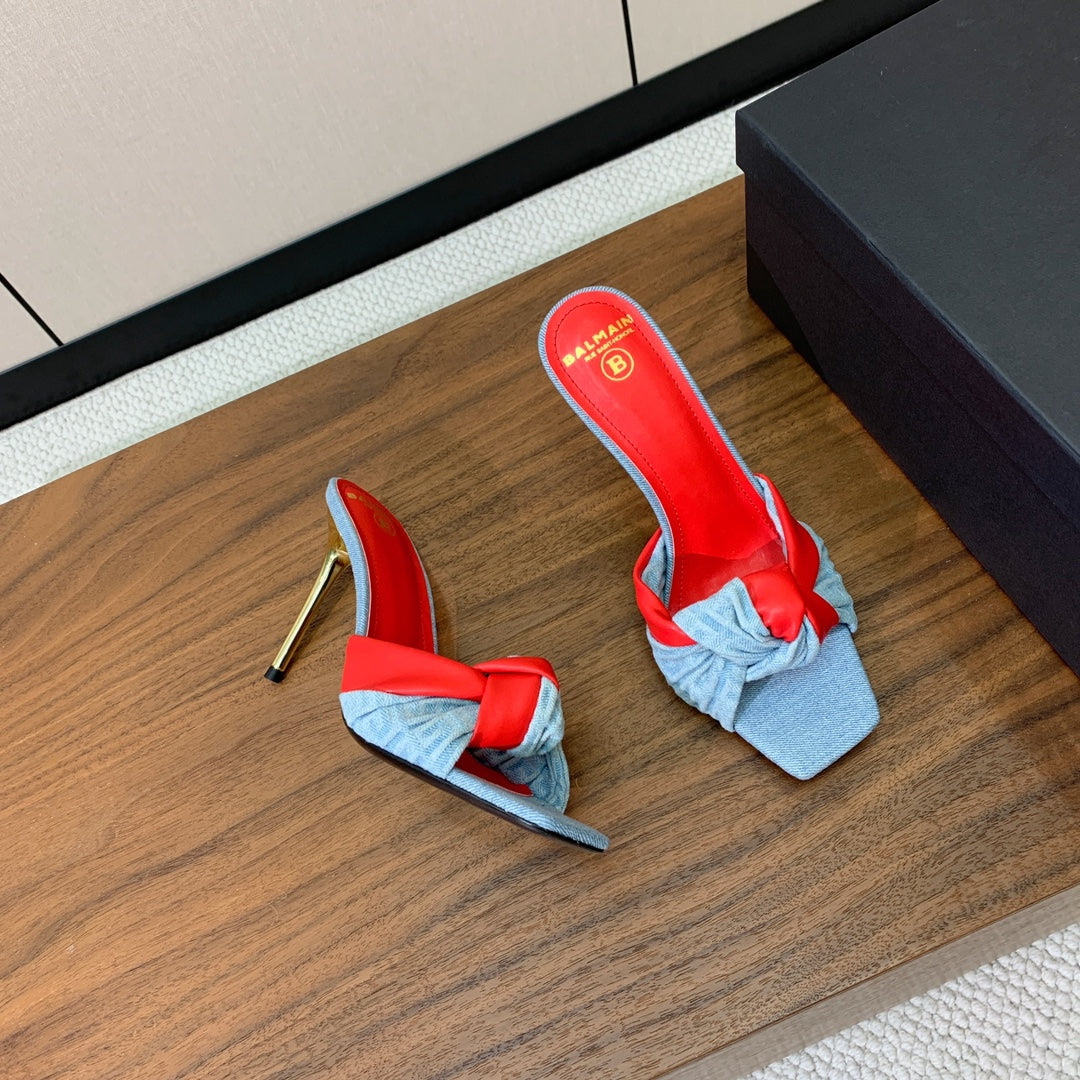 BALMAIN 25S HIGH HEEL MULES 95MM IN BRIGHT RED DENIM AND CALFSKIN