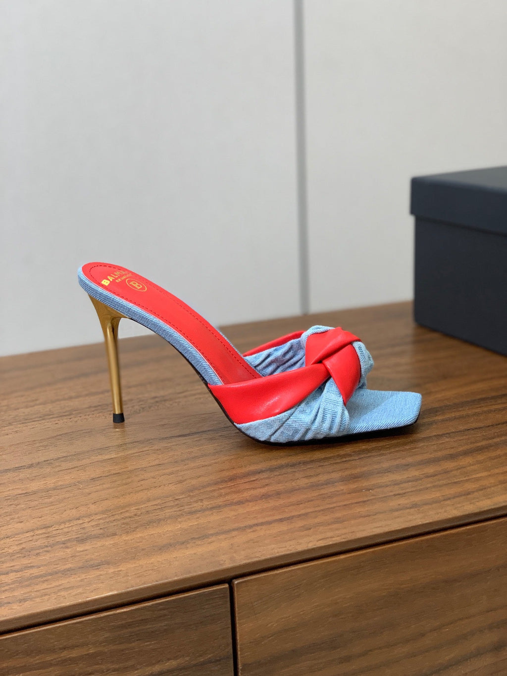 BALMAIN 25S HIGH HEEL MULES 95MM IN BRIGHT RED DENIM AND CALFSKIN