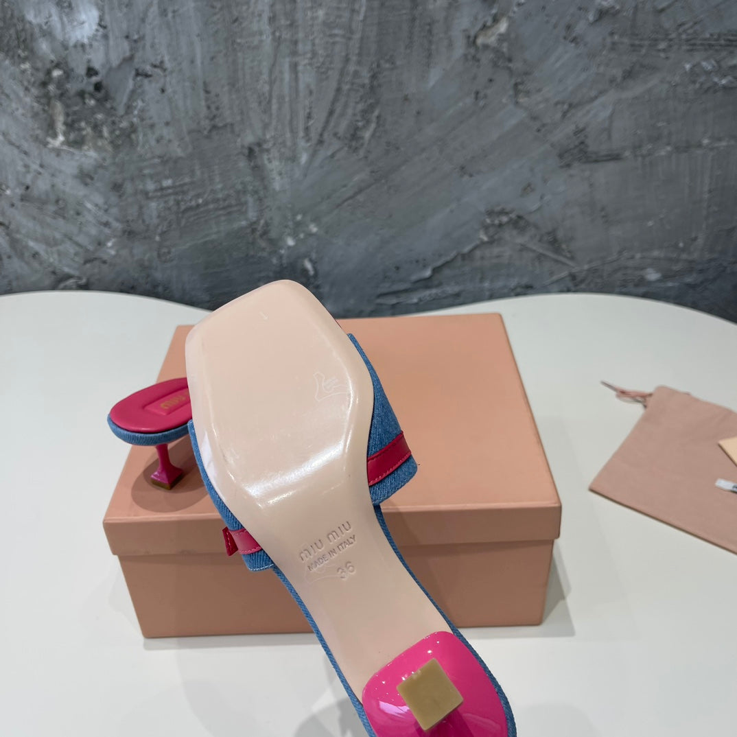 DEEP PINK HIGH HEEL WITH BLUE STRAPS AND PINK BELT