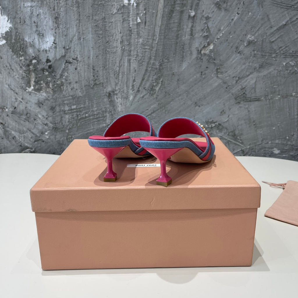 DEEP PINK HIGH HEEL WITH BLUE STRAPS AND PINK BELT