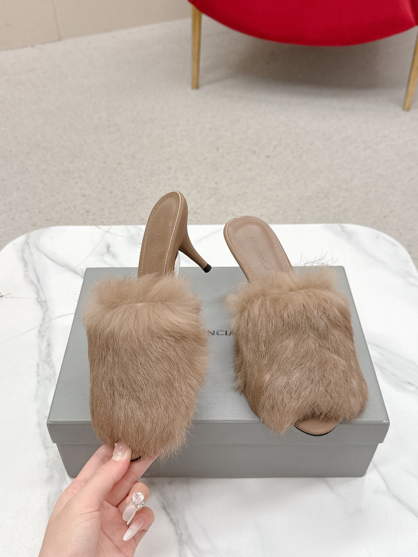 BALENCIAGA 25S HIGH HEEL SANDALS 65 MM IN LIGHT BROWN LAMBSKIN AND FUR