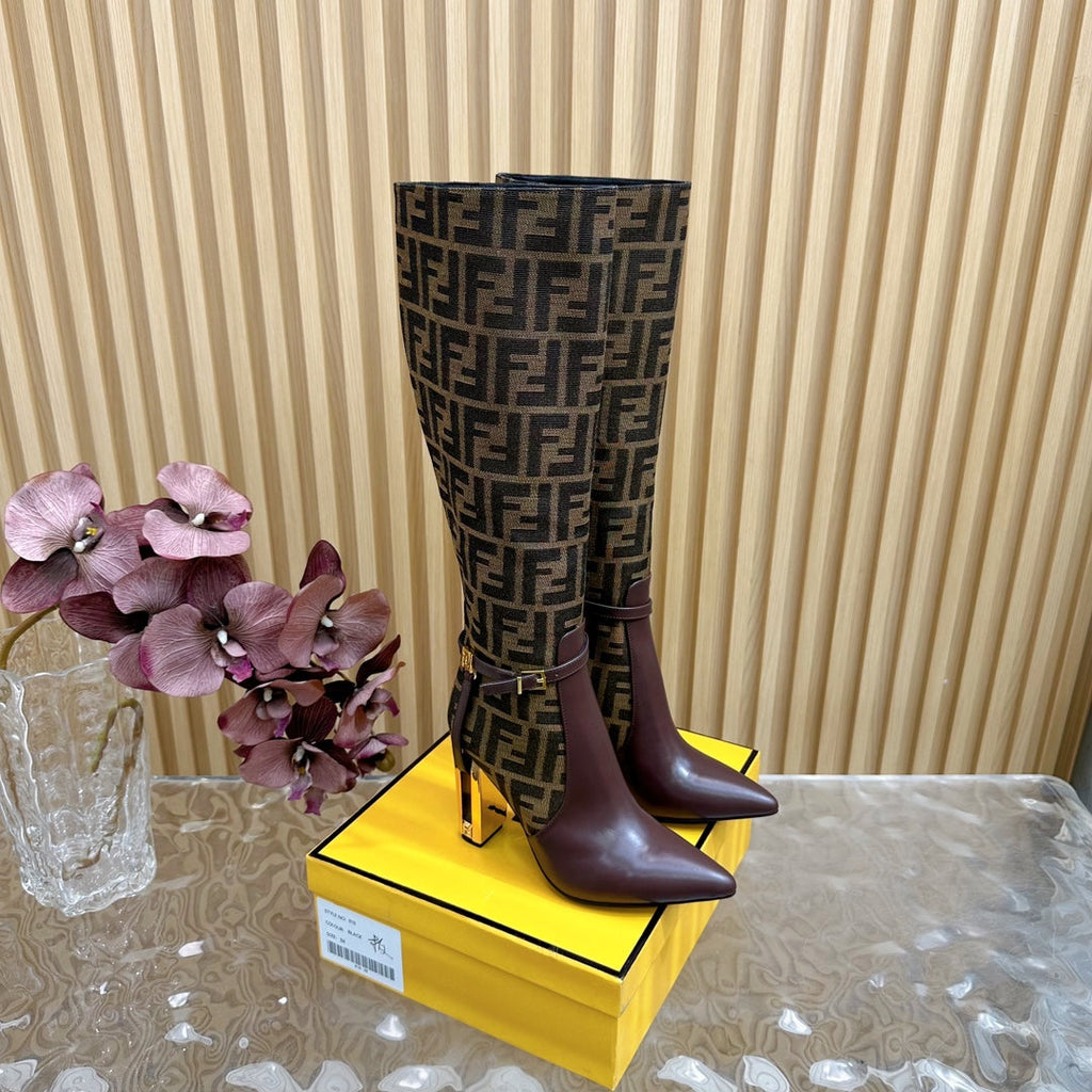 FF BOOTIES HIGH BOOTS IN SANGRIA CALFSKIN AND MEDIUM BROWN MONOGRAM FF FABRIC