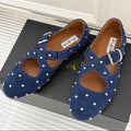 CROSSED STRAP BALLET FLATS IN NAVY BLUE SUEDE