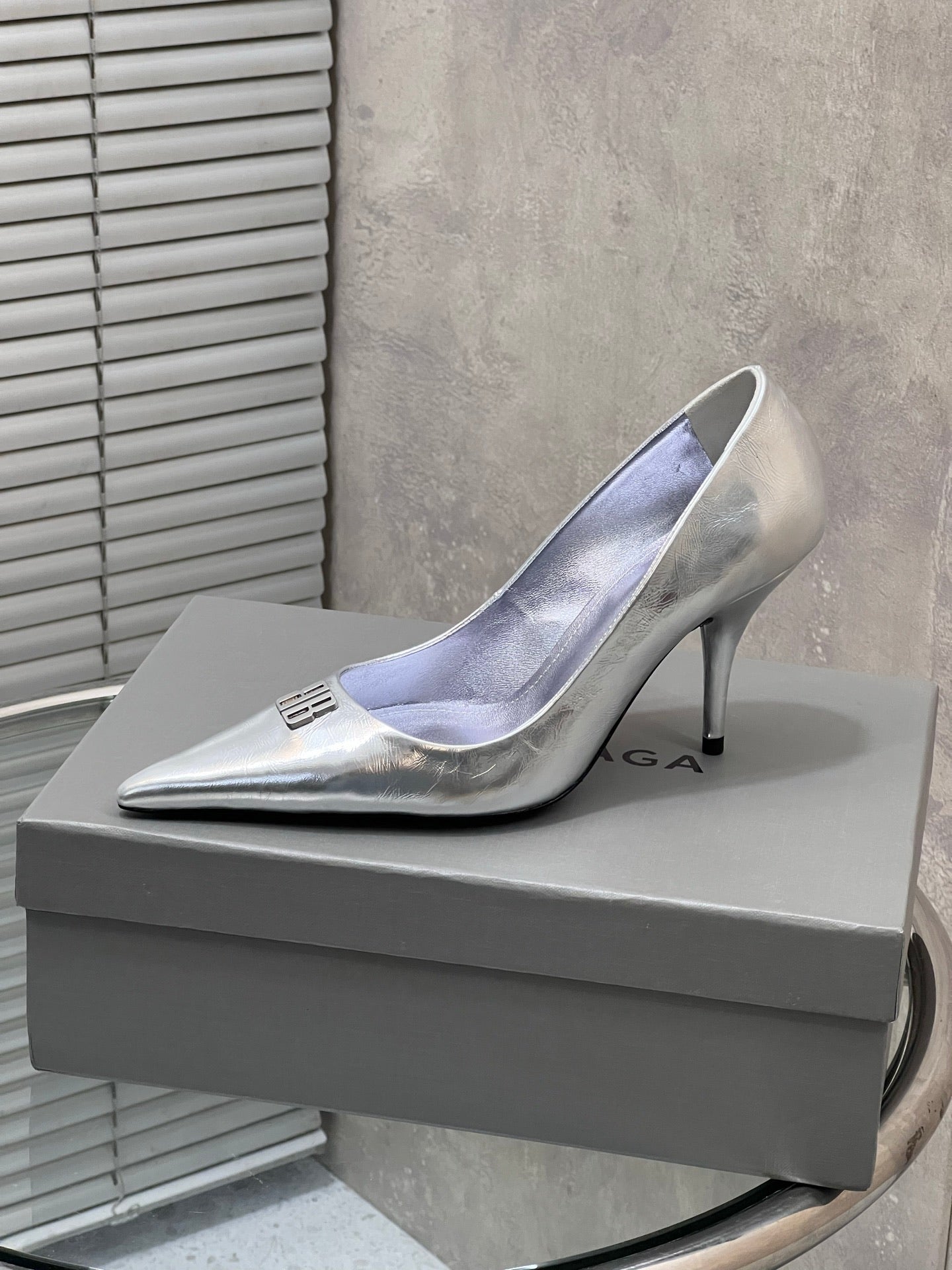 BALENCIAGA 25S HIGH-HEEL SHOES 85 MM IN SILVER COW LEATHER