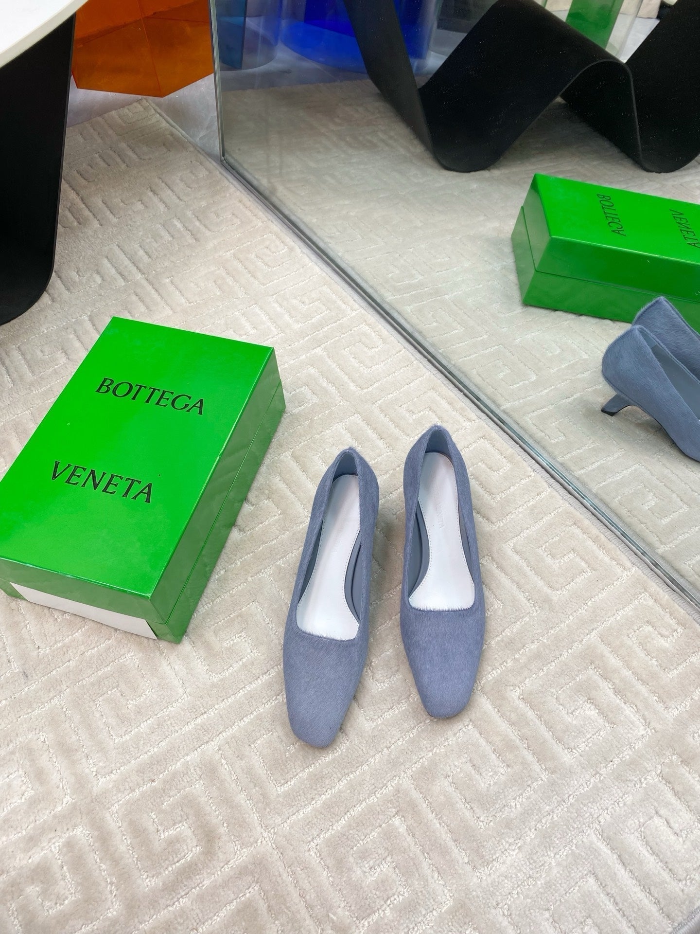 BOTTEGA VENETA BOOGIE JAGUAR-PRINTED CALF HAIR PUMPS 45 MM PIGEON BLUE