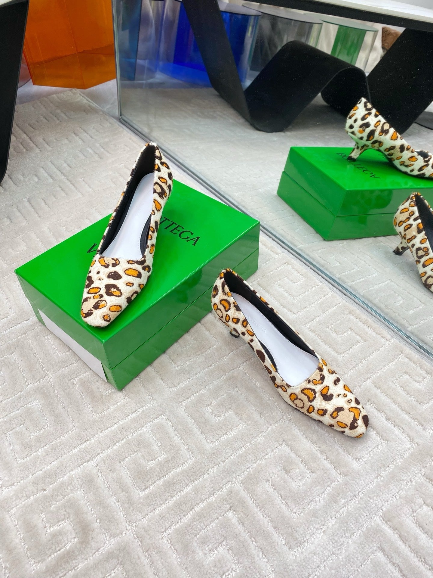 BOTTEGA VENETA BOOGIE JAGUAR-PRINTED CALF HAIR PUMPS 45 MM LEOPARD PATTERN