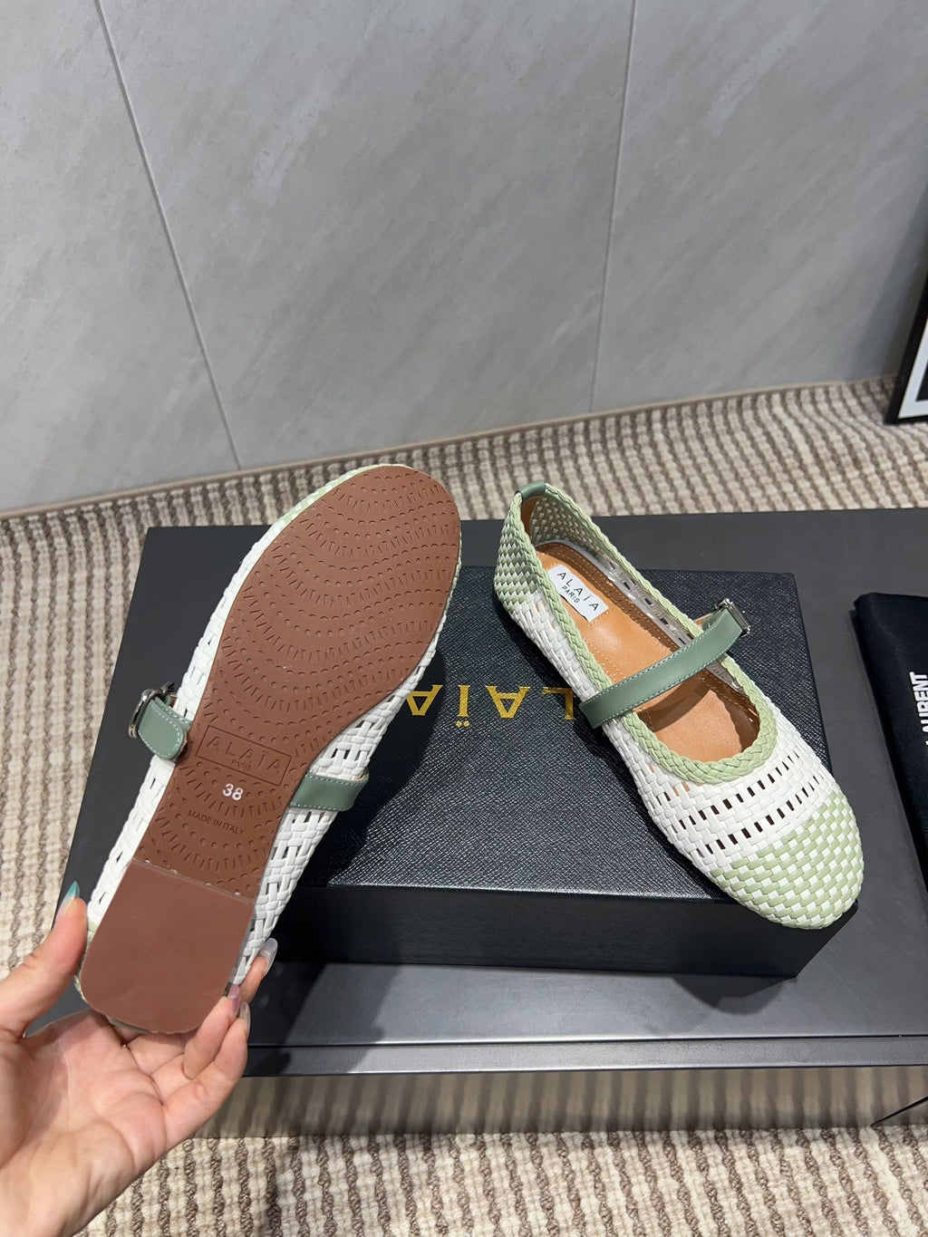 ALAIA MARY JANE FLATS WOVEN PATTERN 25S IN WHITE MIX PASTEL GREEN CALFSKIN