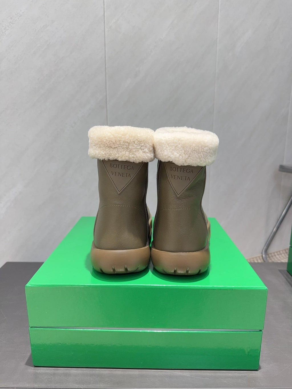 BOTTEGA VENETA 26S FUR-LINED ANKLE BOOTS IN WARM GREY BROWN CALFSKIN AND WHITE WOOL