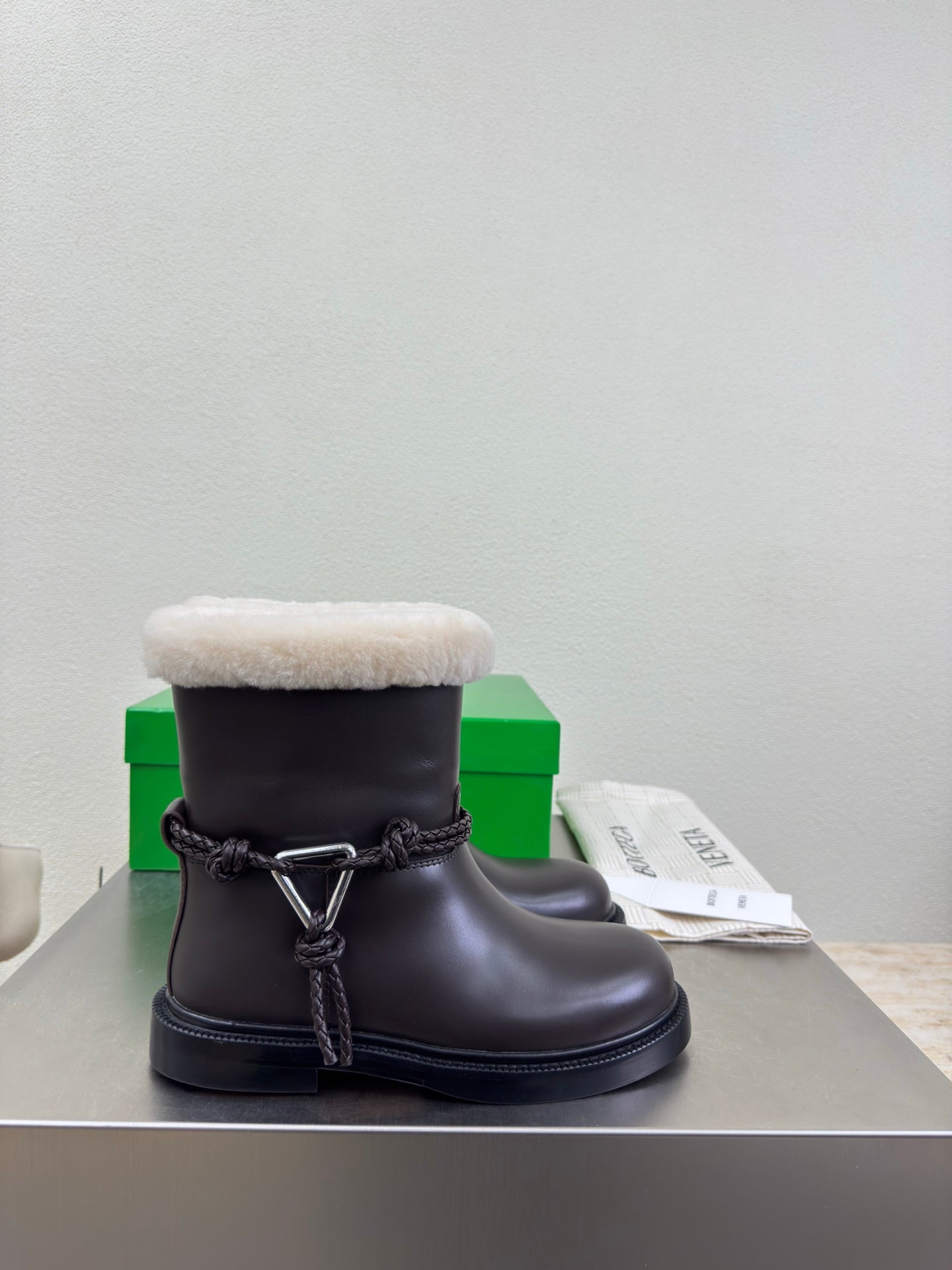 BOTTEGA VENETA 26S FUR-LINED BOOTS IN DARK BROWN CALFSKIN AND WHITE WOOL