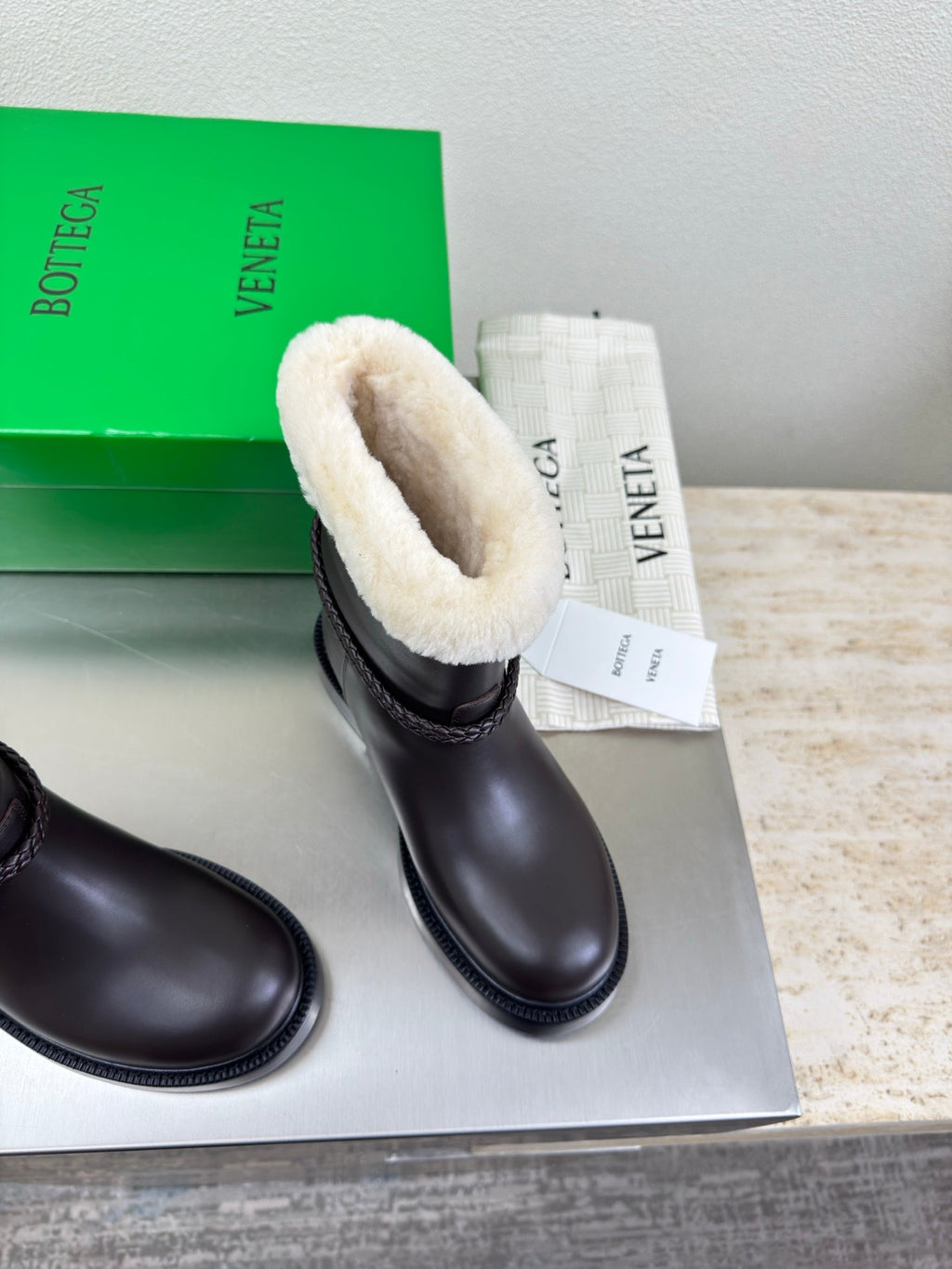 BOTTEGA VENETA 26S FUR-LINED BOOTS IN DARK BROWN CALFSKIN AND WHITE WOOL