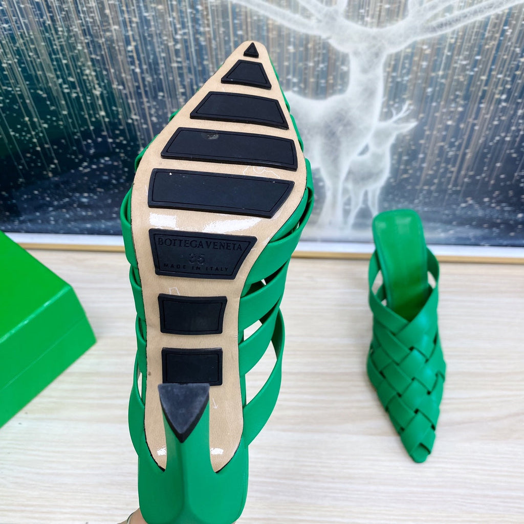 BOTTEGA VENETA ALFIE LEATHER HIGH MULES IN EMERALD GREEN CALFSKIN WITH WOVEN DESIGN