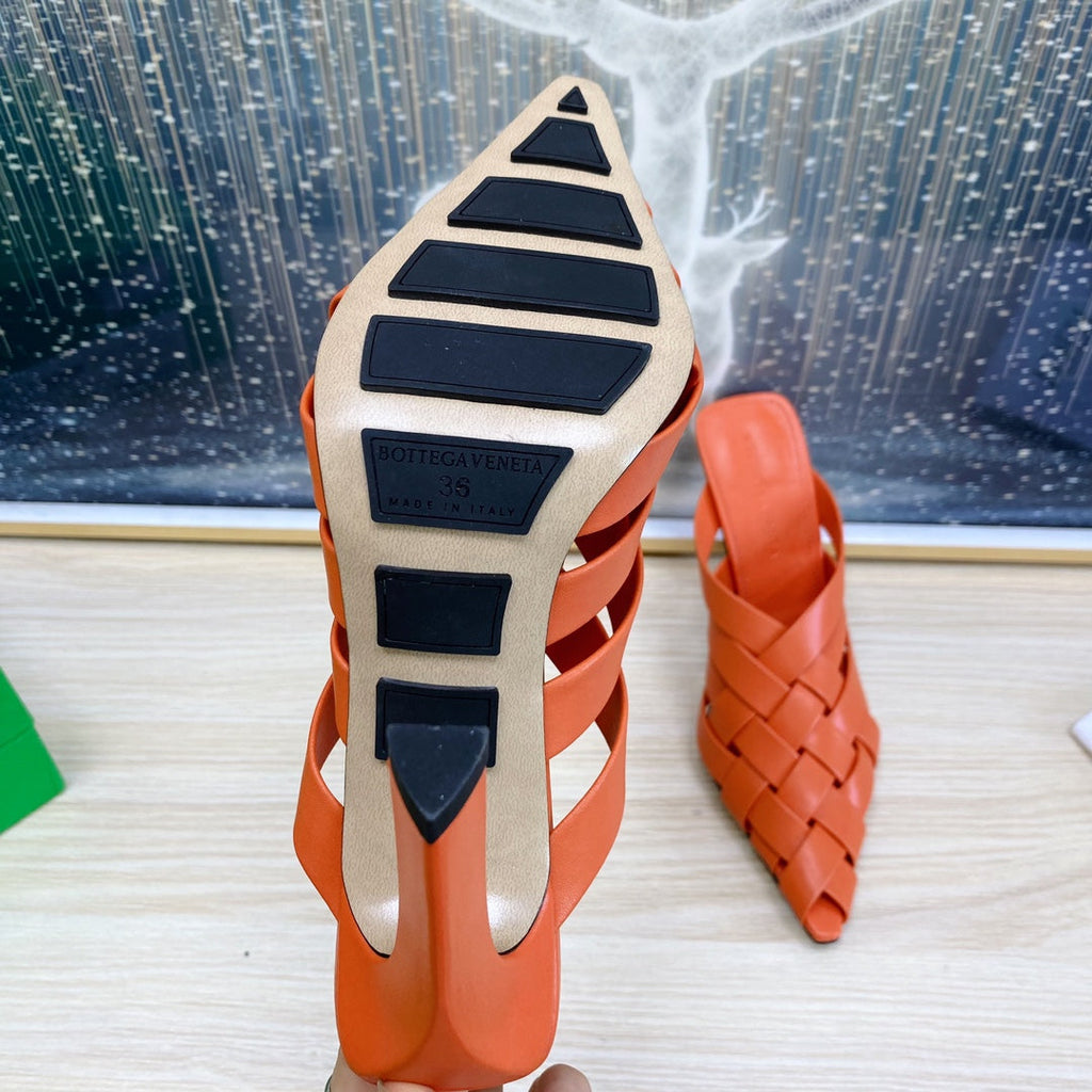 BOTTEGA VENETA ALFIE LEATHER HIGH MULES IN VIVID ORANGE CALFSKIN WITH WOVEN DESIGN