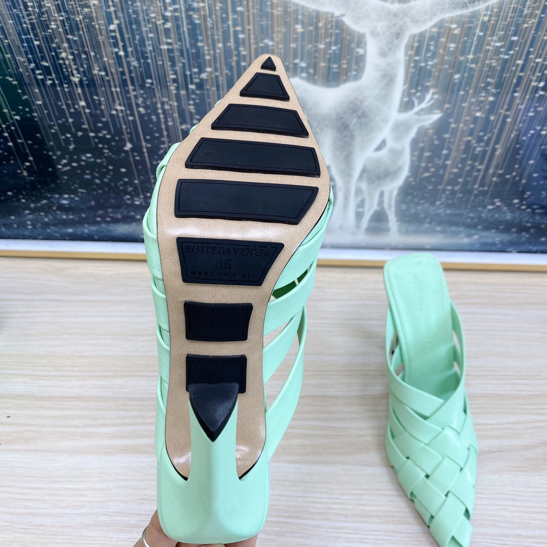 BOTTEGA VENETA ALFIE LEATHER HIGH MULES IN GREEN MINT CALFSKIN WITH WOVEN DESIGN