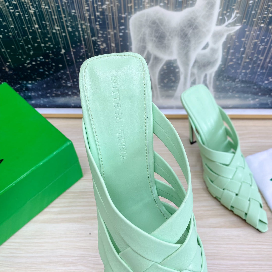 BOTTEGA VENETA ALFIE LEATHER HIGH MULES IN GREEN MINT CALFSKIN WITH WOVEN DESIGN