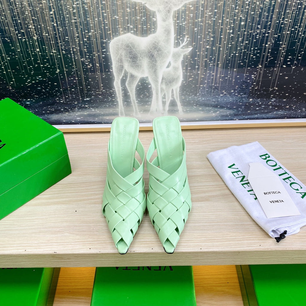 BOTTEGA VENETA ALFIE LEATHER HIGH MULES IN GREEN MINT CALFSKIN WITH WOVEN DESIGN