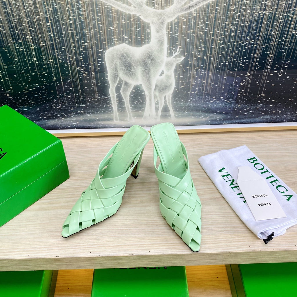 BOTTEGA VENETA ALFIE LEATHER HIGH MULES IN GREEN MINT CALFSKIN WITH WOVEN DESIGN