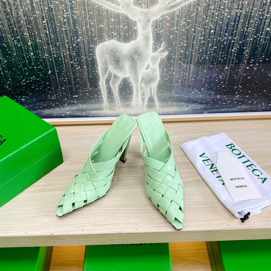 BOTTEGA VENETA ALFIE LEATHER HIGH MULES IN GREEN MINT CALFSKIN WITH WOVEN DESIGN